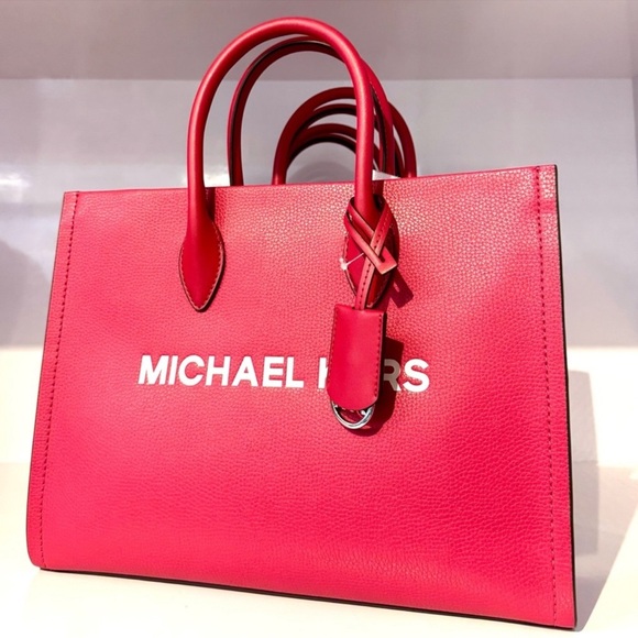 Michael Kors Mirella Medium Pebbled Leather Tote Bag Dark Raspberry Multi - Picture 1 of 10